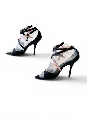 Dior black and pink satin strappy sandals with rhinestone buckle 38